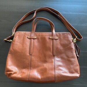 Fossil Brown Leather Messenger Tote Bag Satchel Crossbody Laptop Bag Brown